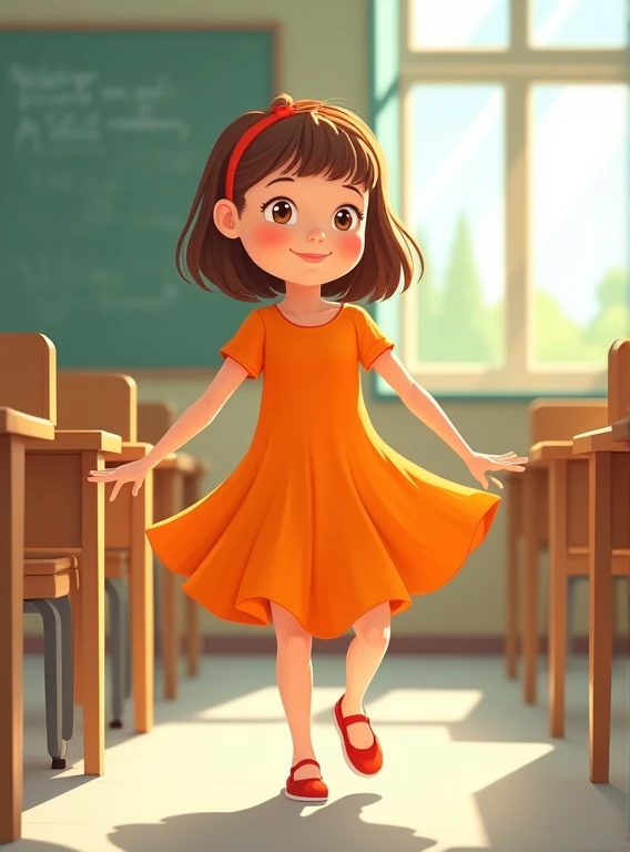 an image of a , front view, full body in an orange dress with different movements with hand , inspired by Mario Comensoli, a screenshot, behance, in school or classroom, children illustration, kids book illustration, childrenbook illustration, illustration for children, children's illustration, childrens book illustration, colorful kids book illustration