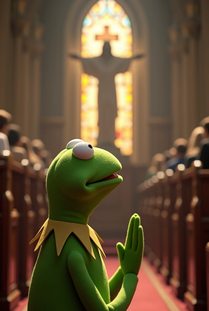 Kermit the Frog adoring Jesus in an evangelical church
