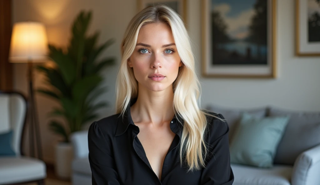 Real professional photography of a beautiful young adult woman, aged 35, with herself as the main subject. She should have fair, almost pale skin with a slight blush on her cheeks, long, straight platinum blonde hair and bright, expressive blue eyes that convey friendliness. Her lips should be pink and slightly defined. The woman should be looking directly at the camera, with a serious and thoughtful expression. She is wearing a black blouse, made of fine, elegant fabric, which contrasts with her hair and fair skin. The lighting should be natural, soft and external from the side, evenly illuminating the woman's face and creating subtle shadows, detailing the angles of the woman's face. The background should be blurred to suggest the living room of a house, adding depth to the image. Items such as a sofa, armchair, paintings on the wall, a potted plant, a lamp lit in a bokeh effect and whatever else makes up the living room of a house should be present, but blurred so as not to distract the woman's attention. Use a warm, natural color palette. The photograph should capture extreme detail, with a high-quality rendering in 8k, with professional photographic quality. The image must be high resolution with attention to detail and realism.