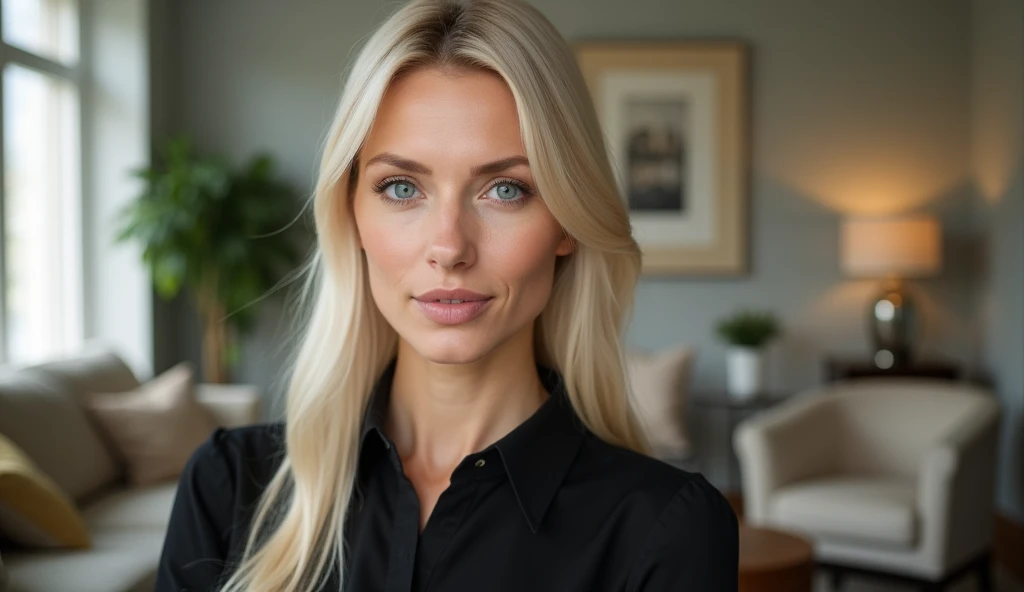 Real professional photography of a beautiful young adult woman, aged 35, with herself as the main subject. She should have fair, almost pale skin with a slight blush on her cheeks, long, straight platinum blonde hair and bright, expressive blue eyes that convey friendliness. Her lips should be pink and slightly defined. The woman should be looking directly at the camera, with a serious and thoughtful expression. She is wearing a black blouse, made of fine, elegant fabric, which contrasts with her hair and fair skin. The lighting should be natural, soft and external from the side, evenly illuminating the woman's face and creating subtle shadows, detailing the angles of the woman's face. The background should be blurred to suggest the living room of a house, adding depth to the image. Items such as a sofa, armchair, paintings on the wall, a potted plant, a lamp lit in a bokeh effect and whatever else makes up the living room of a house should be present, but blurred so as not to distract the woman's attention. Use a warm, natural color palette. The photograph should capture extreme detail, with a high-quality rendering in 8k, with professional photographic quality. The image must be high resolution with attention to detail and realism.
