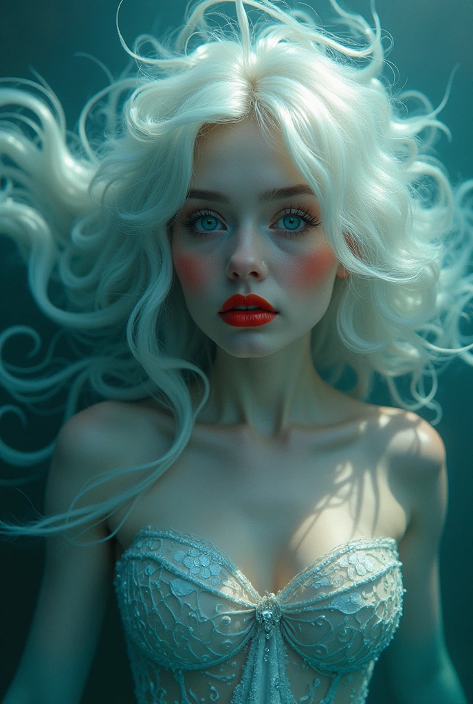 A Russian mermaid,underwater,leaning against the sea,white hair,realistic style with fantasy elements,real characters have fish tails,high-definition,realistic Baby blue and light black,charming realistic characters,shiny skin,Surrealism,detailed clothing,The Tyndall effect,The Holy sky light enhances your features and highlights your eyes. You are the star of the show,(chiaroscuro,Fujicolor, UHD, super detail ,raw,85mm,f/1.2,FujifilmXT4,), big fake lips red lipstick