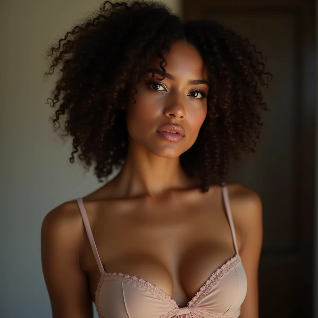 A young mixed-race woman , curly hair. Elle a les yeux marrons, photo lumineuse . She is in her underwear. She has full lips. La photo est hyper realiste. Qualité d’image maximum