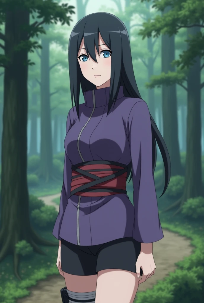 Screenshot, naruto anime style, a girl woman, pale white skin, medium height, blue eyes, black hair, long, loose, no bangs, ninja clothes linda, violet short dress and black shorts, with a ninja band on the waist, In a forest
