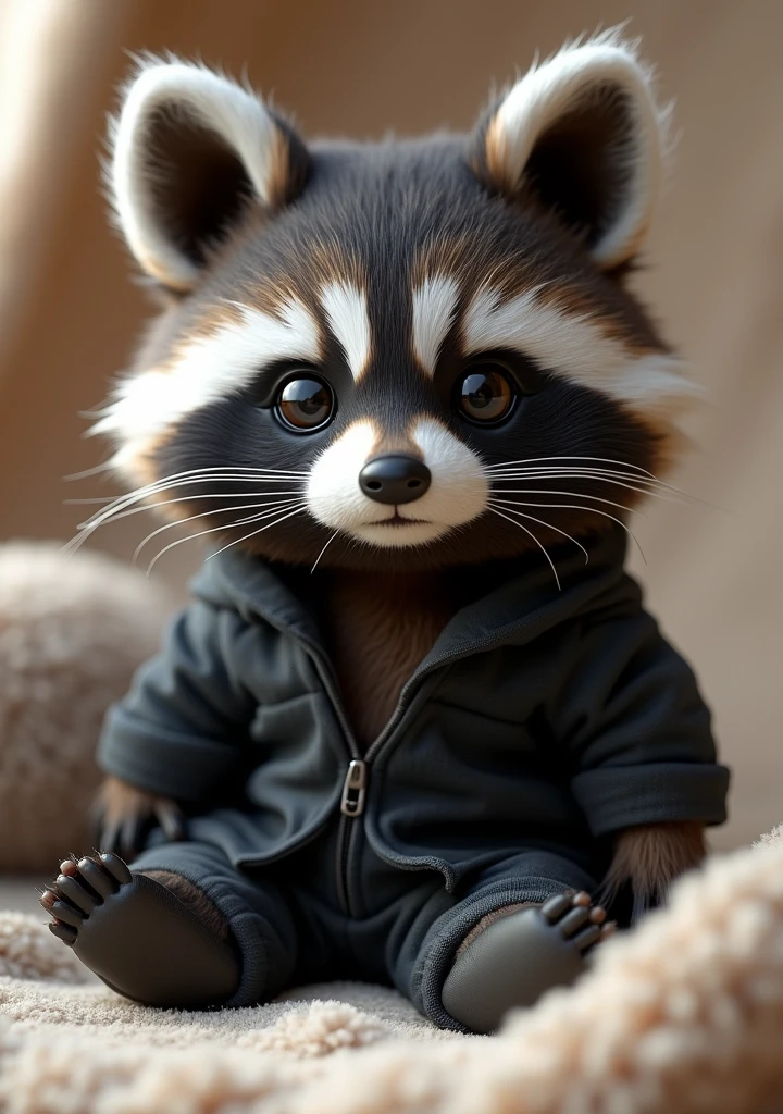 A captivating and adorable 3D conceptual art piece featuring an extra fluffy raccoon, rendered with basalt black fur and neutral black facial markings. The raccoon dons trendy black denim-like clothing, adding a touch of modern fashion to its lovable appearance. Seated in a soft, textured setting, the babycoon gazes at the viewer with wide, curious eyes, inviting a sense of wonder and delight. The composition masterfully blends cuteness and fashion, creating an enchanting visual experience., conceptual art, photo, 3d render