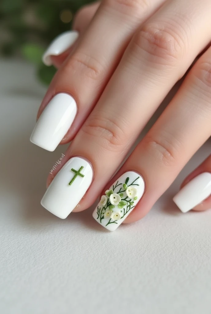 White Gel Nails. 1,5 cm. Green embellishments in the form of vines and flowers . Plant Christian cross also