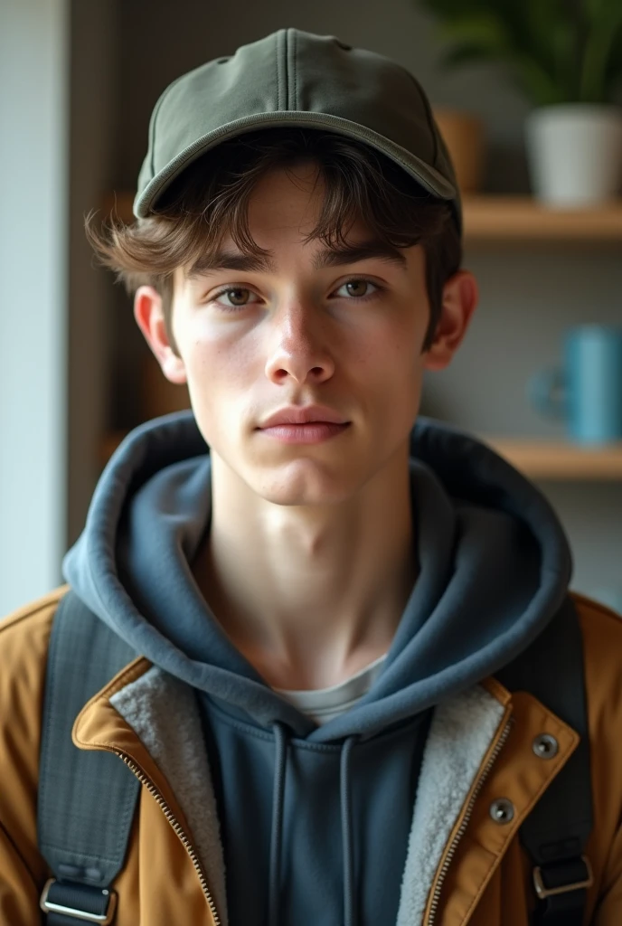 The young boy 20 year
 with cap and jacket  one the room