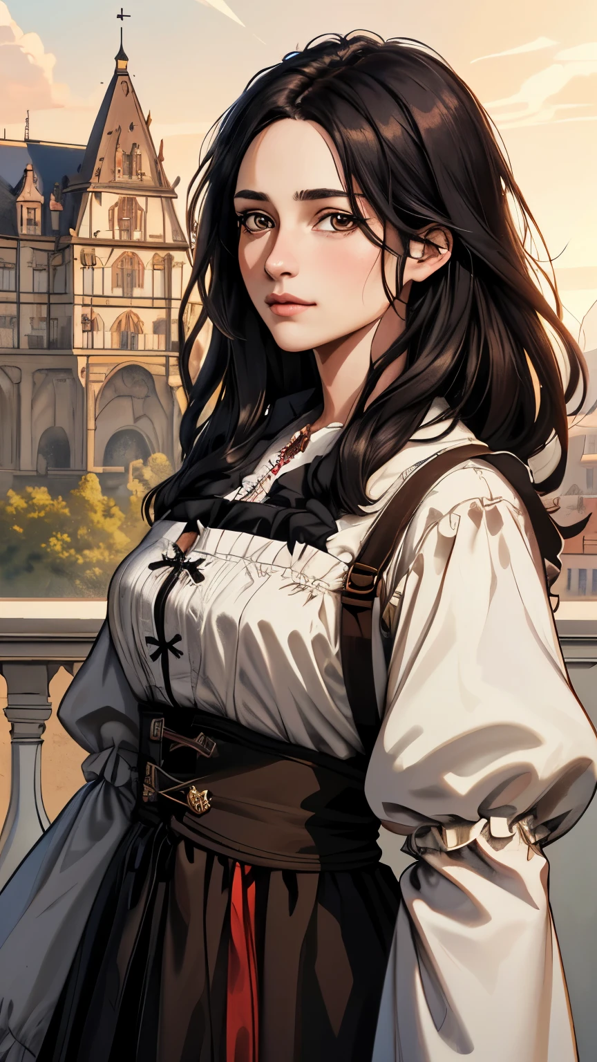 (extremely detailed CG unity 4k wallpaper),(masterpiece),(best quality),(ultra-detailed),(best illustration),(best shadow),(absurdres),(Detailed background), German woman, Long Straight black hair, Brown eyes, neutral expression, 1870 German castle, Peasant dress,