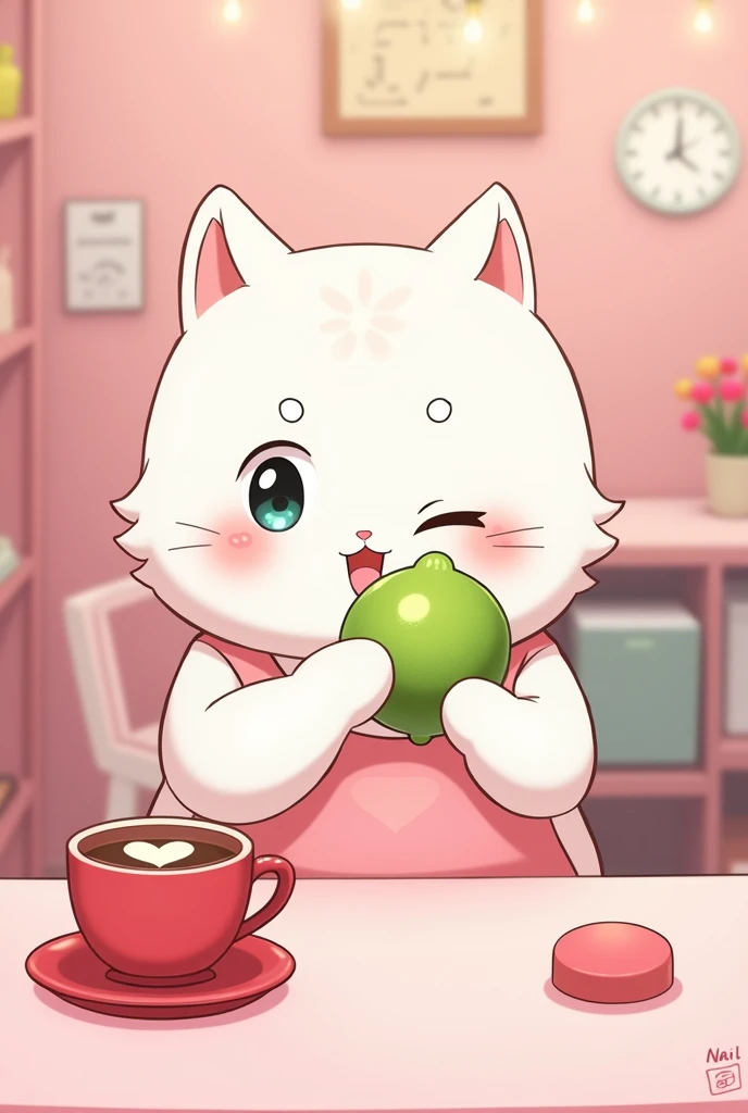 a white anime mochicat holding a lime, A pink nail studio, the white mochicat with a pink apron, a red coffee cup on the desk with a heart in the middle