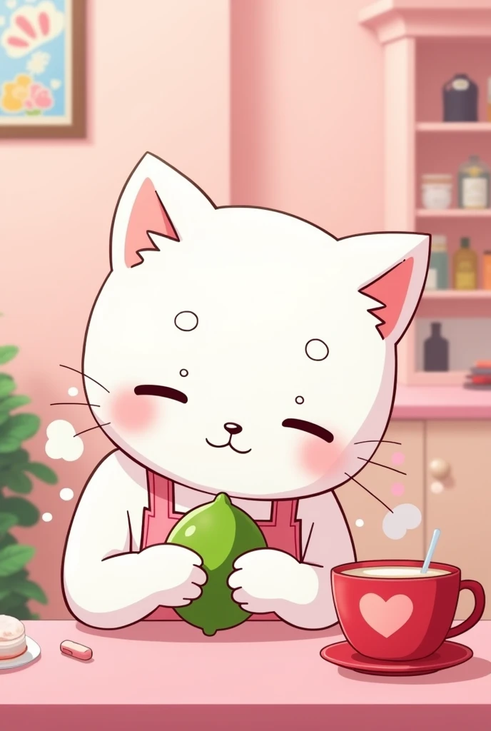 a white anime mochicat holding a lime, A pink nail studio, the white mochicat with a pink apron, a red coffee cup on the desk with a heart in the middle