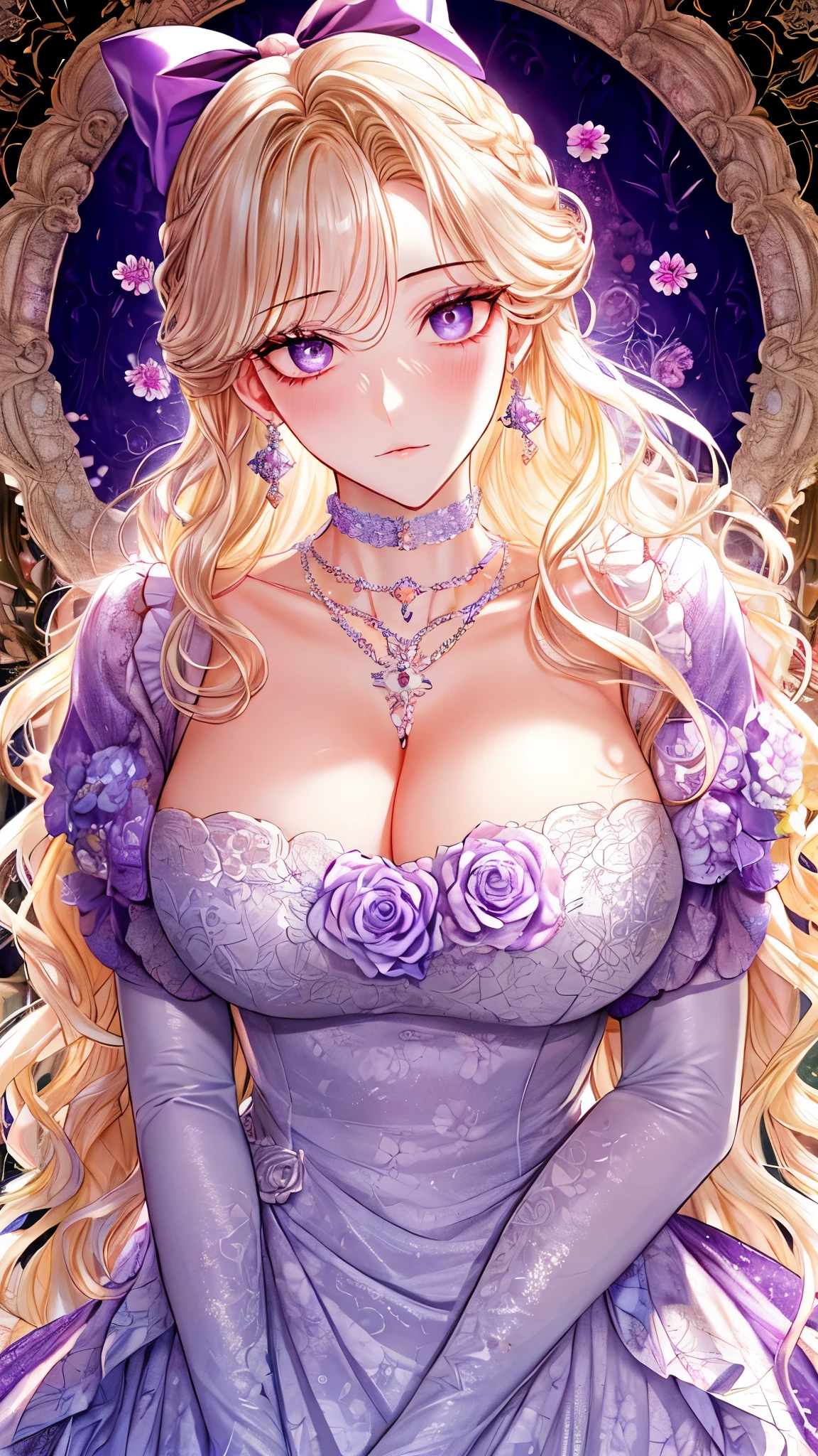 Kuroume_1024, ((shoujo-style, floral background, romance manhwa)), (close up), (1girl:1.2), platinum-blonde hair, solo, long hair, flower, dress, thick eyeblows, blue flower, wavy hair, closed mouth, collarbone, breast, cleavage, puffy sleeve, white dress, purple dress, elbow gloves, earrings, necklace, hair bow, face focus, beautiful face, detailed eyes, pupil, looking at viewer