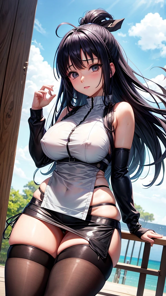 Hinata Hyuga, showing panties, mini skirt, thigh high stockings, thick thighs, big breasts, marked nipples