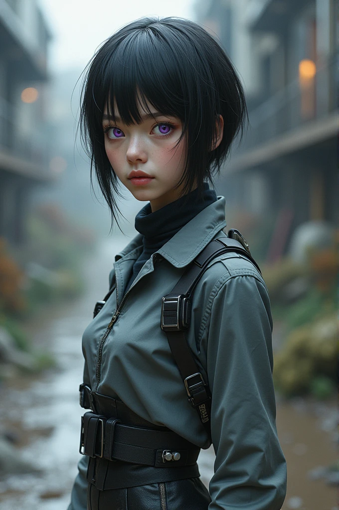 Short black hair girl,purple eyes grey clothes,negro,white science physics,dystopian futurist