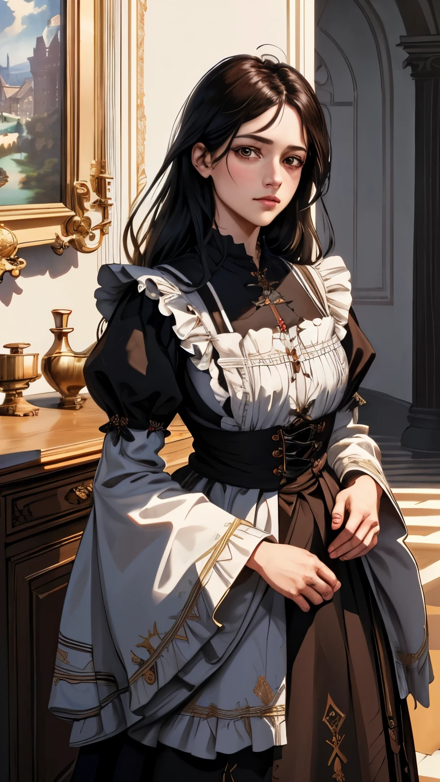 (extremely detailed CG unity 4k wallpaper),(masterpiece),(best quality),(ultra-detailed),(best illustration),(best shadow),(absurdres),(Detailed background), German woman, Long Straight black hair, Brown eyes, neutral expression, 1870 German castle, Peasant dress,