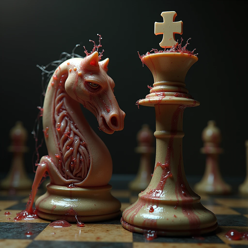 detailed anatomical chess pieces playing chess on a chessboard, a pawn attacking a bishop by penetrating it and sucking its trunk, medieval pornographic style, hyper detailed, photorealistic, 8k, masterpiece, intricate, grotesque, bizarre, unsettling, disturbing, adult content, explicit sexual content, highly detailed genitalia, anatomical accuracy, anatomical chess, chiaroscuro lighting, gritty, grim, dark, dramatic