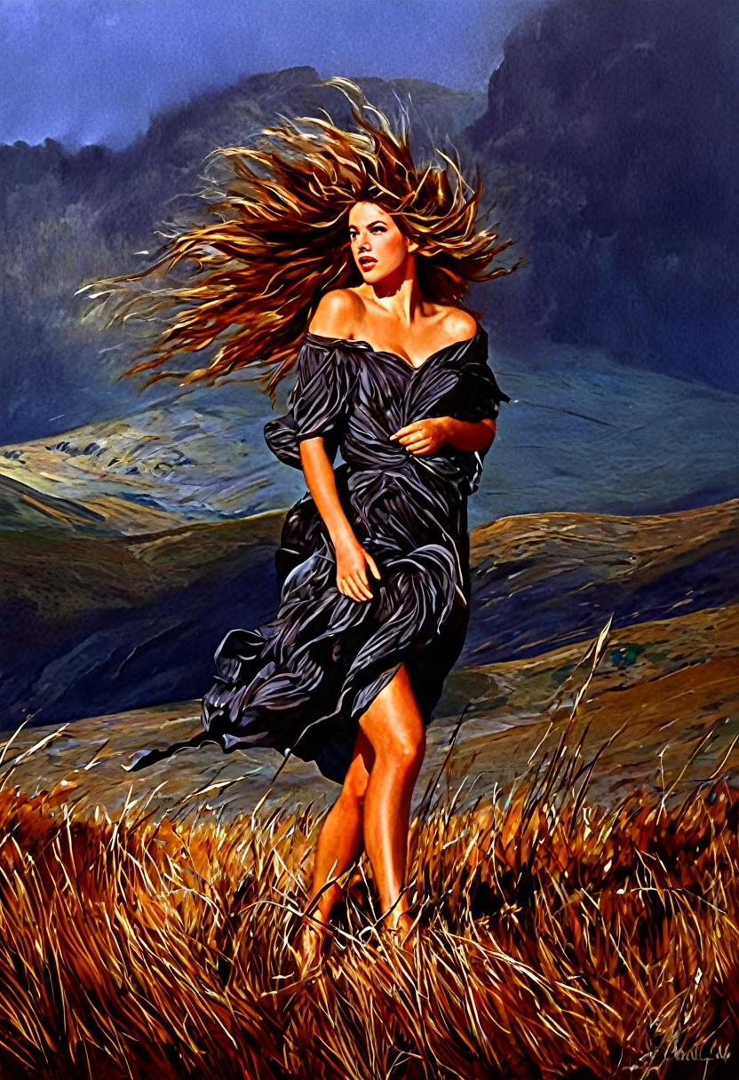A wild and untamed beauty with windblown hair and wild eyes., The action takes place against a backdrop of wild nature and harsh landscapes.. Executed in the style of Romanticism., its form is dynamic and expressive, with bold strokes and dramatic lighting, conveying the untamed power of nature..