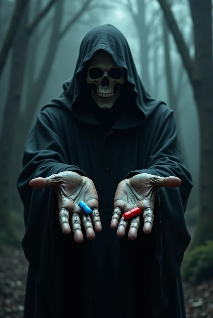 dark reaper with one small blue pill in his left hand, and a small red pill one in his right hand, on a dark and scared background, now make more darkness, more, dakness pls, small pills, more darkness, perfect, but reduce the quanty of pills in his hands