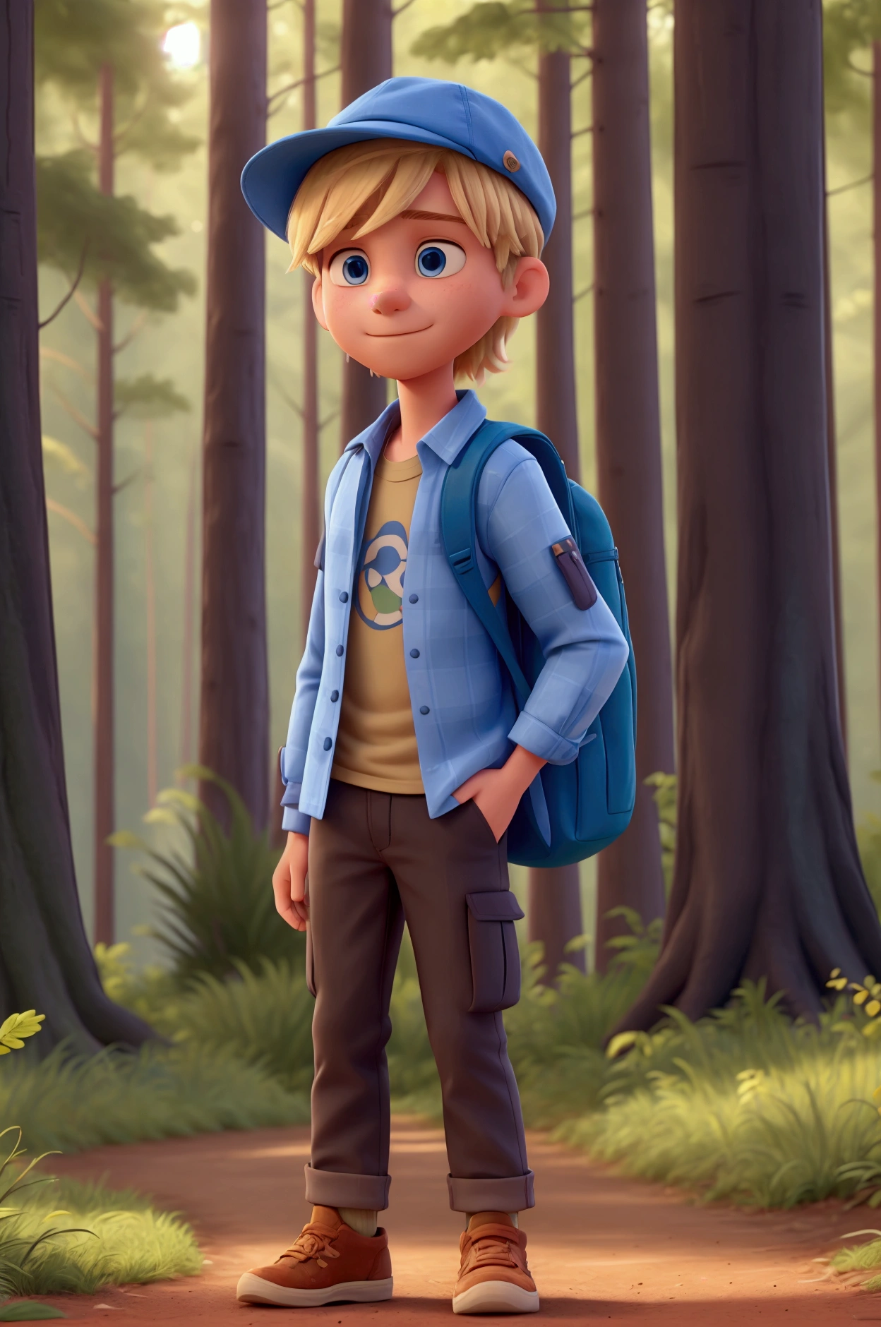 a young man with blond hair and blue eyes. He is dressed in explorer clothes, wears a hat, pants and sneakers. he is wearing a long-sleeved shirt. he has a backpack on his back. he is in the forest walking along a trail.