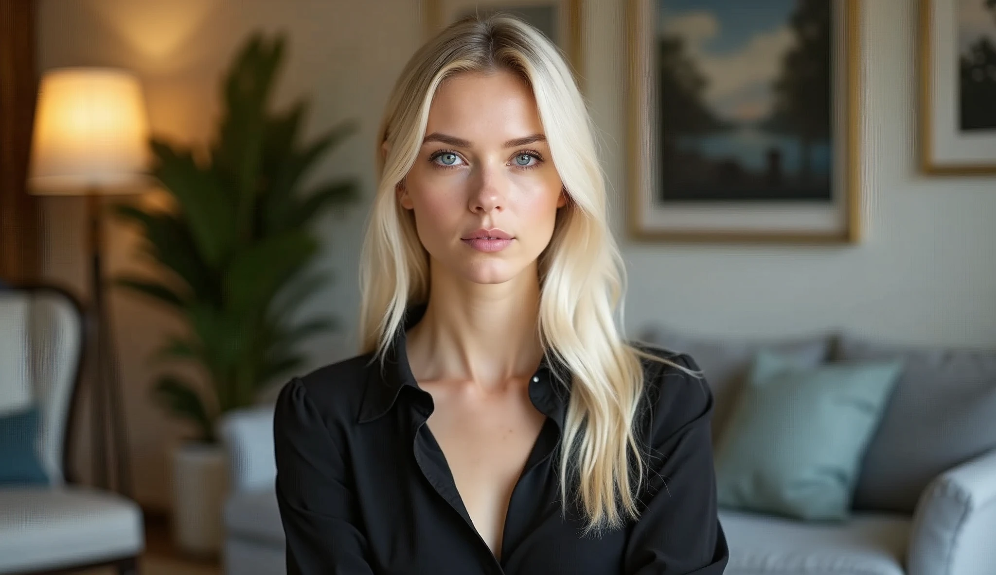 Real professional photography of a beautiful young adult woman, aged 35, with herself as the main subject. She should have fair, almost pale skin with a slight blush on her cheeks, long, straight platinum blonde hair and bright, expressive blue eyes that convey friendliness. Her lips should be pink and slightly defined. The woman should be looking directly at the camera, with a serious and thoughtful expression. She is wearing a black blouse, made of fine, elegant fabric, which contrasts with her hair and fair skin. The lighting should be natural, soft and external from the side, evenly illuminating the woman's face and creating subtle shadows, detailing the angles of the woman's face. The background should be blurred to suggest the living room of a house, adding depth to the image. Items such as a sofa, armchair, paintings on the wall, a potted plant, a lamp lit in a bokeh effect and whatever else makes up the living room of a house should be present, but blurred so as not to distract the woman's attention. Use a warm, natural color palette. The photograph should capture extreme detail, with a high-quality rendering in 8k, with professional photographic quality. The image must be high resolution with attention to detail and realism.