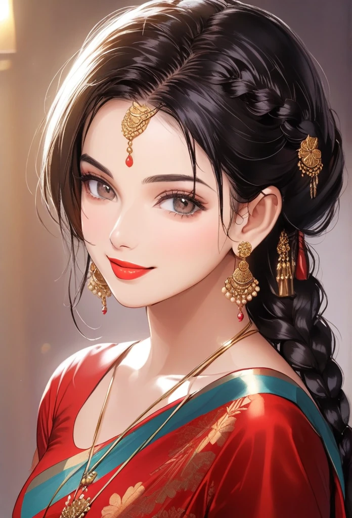 ((1woman, mature,single hair braid,saree, big long  jhumka earrings , detailed alluring eyes, smooth detailed lips, beautiful face, smiling ,red lipstick ,navel,bangles,blue ribbon,