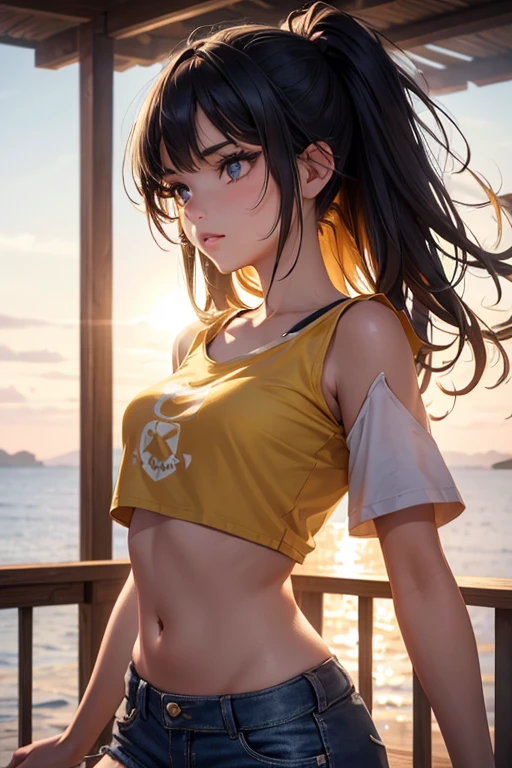 a beautiful 16 year old girl,sun-kissed skin,cropped t-shirt,short shorts,striking a cool pose,hyper realistic,8k,ultra-detailed,photorealistic,professional studio lighting,vivid colors,beautiful detailed eyes,beautiful detailed lips,extremely detailed face,long eyelashes,intricate details,high fashion portrait,natural lighting,warm color tones,glowing skin,dynamic composition