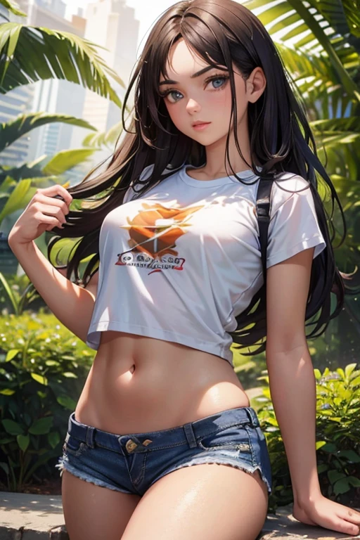 a beautiful 16 year old girl,sun-kissed skin,cropped t-shirt,short shorts,striking a cool pose,hyper realistic,8k,ultra-detailed,photorealistic,professional studio lighting,vivid colors,beautiful detailed eyes,beautiful detailed lips,extremely detailed face,long eyelashes,intricate details,high fashion portrait,natural lighting,warm color tones,glowing skin,dynamic composition