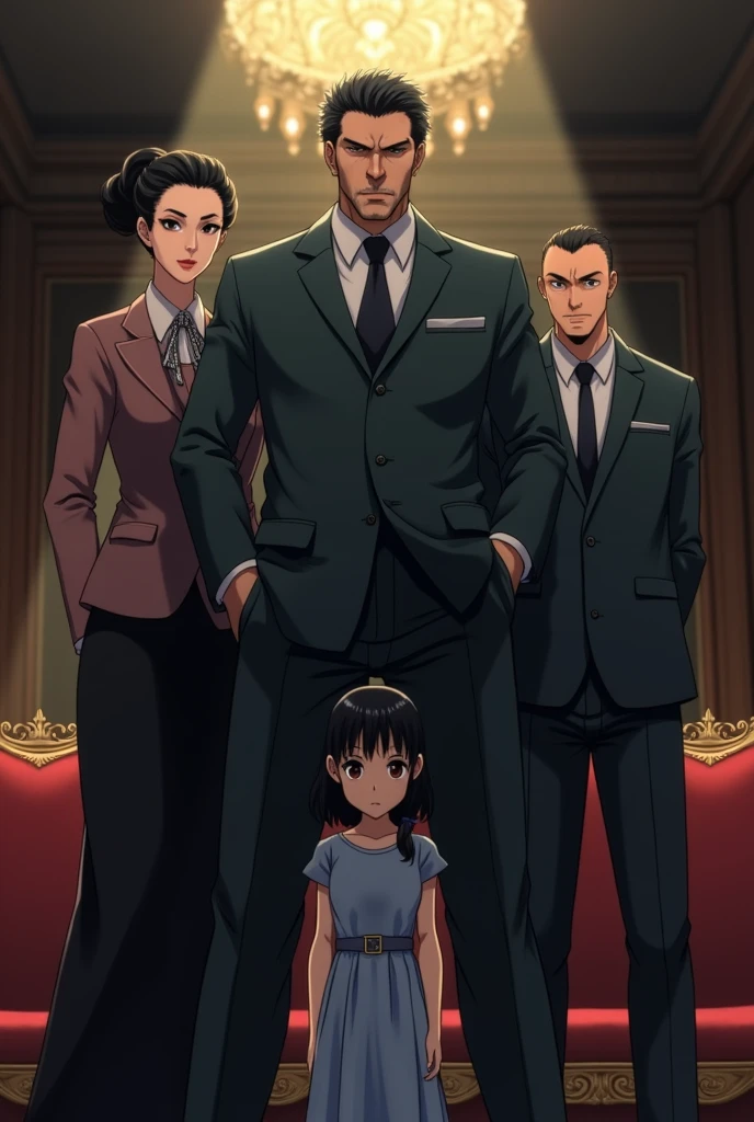 Anime style, mafia, family, mother, father, adult daughter, timid, black hair