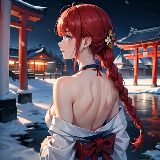 (Red hair tied in a single braid),(blue colored eyes),skin fair,whole body,standing alone,snow night,Drawing a divine lot at a temple,torii,kimono japanese,work of art, Maximum quality, very detailled, better shadows,detailed back ground,beautifully detailed face,hight contrast,better lighting, Very delicate and beautiful,cinematic light,hyper detail,8k,Dramatic light,exquisite detail,