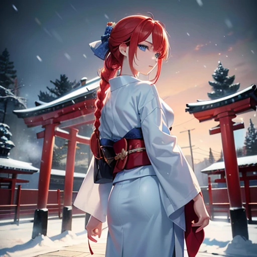 (Red hair tied in a single braid),(blue colored eyes),skin fair,whole body,standing alone,snow night,Drawing a divine lot at a temple,torii,kimono japanese,work of art, Maximum quality, very detailled, better shadows,detailed back ground,beautifully detailed face,hight contrast,better lighting, Very delicate and beautiful,cinematic light,hyper detail,8k,Dramatic light,exquisite detail,