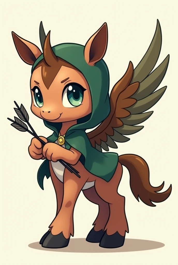 A small Chibi baby humaniod creature.
 Appearance: a centaur , half horse half man. With wings. Big anime eyes, holding a duel arrows in each hand . Wearing a hood
 Style : cel shaded , 3d , anime, Full-body,  t pose.
Colors: brown , forest green and black.
This is a digimon 