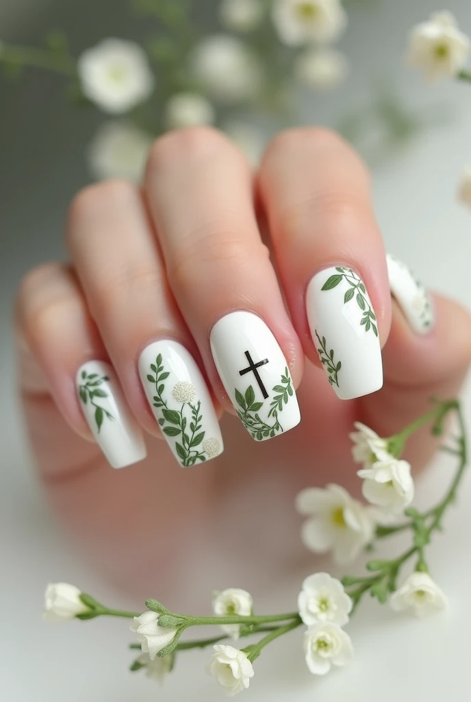 White Gel Nails. 1,5 cm. Green embellishments in the form of vines and flowers . Plant Christian cross also