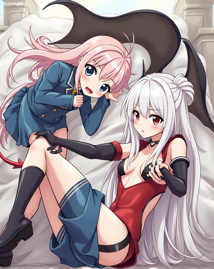 "In a striking 2D anime-style scene, the succubus with long, straight white hair and the pink-haired action anime girl are posed together. The succubus reclines with a relaxed yet commanding posture, wearing a revealing bikini, thigh-high boots, and long gloves, complemented by her bat wings and devil tail. Her red eyes are intense, and her tongue is playfully sticking out. She and the pink-haired girl are holding hands, pushing against each other in a dynamic pose. The pink-haired girl, with her long, flowing hair and striking blue eyes, is dressed in a sleek, form-fitting blazer-style school uniform, with a short skirt and thigh-high socks. Her playful, confident smile contrasts with the succubus's more sinister charm.
The scene blends their contrasting styles, with the background featuring a dreamlike, mystical quality that highlights their combined energy and allure."