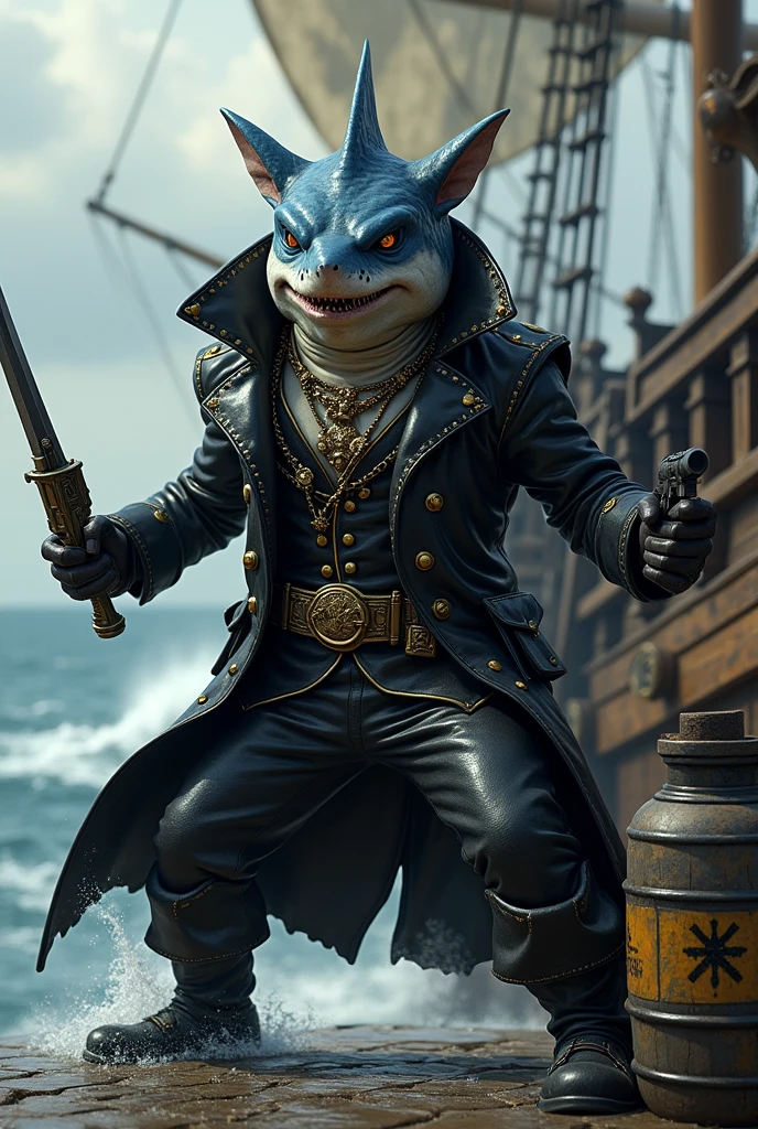 create a pirate hammerhead shark that wears a pirate outfit that has black leather features with gold details and his arms are uncovered, In the image, he needs to hold a gun and a sword., while in a fighting stance with an angry facial expression, In the image he needs to be on a ship in the sea and he needs to have a powder keg with the symbol of bilge water