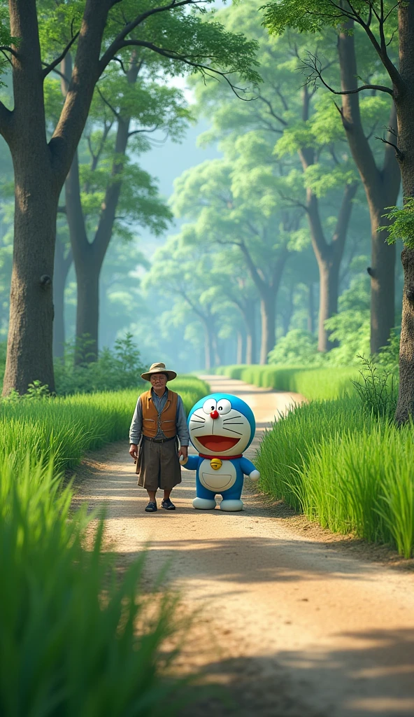 Doraemon and the 40-year-old farmer walk on the road, with 3D trees and rice plants with detailed lines on either side.