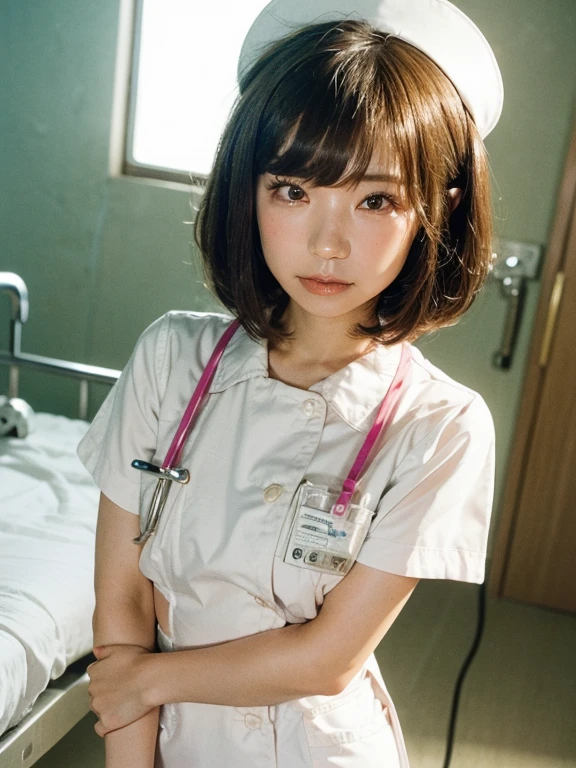 woman, alone, (Wearing white nurse clothes:1.2), (Bobcut), Shortcuts,bangs, Black Hair, nurse, Perfect Anatomy, nurse uniform, (Nurse cap), (White costume), Long skirt, hospital, Face close-up