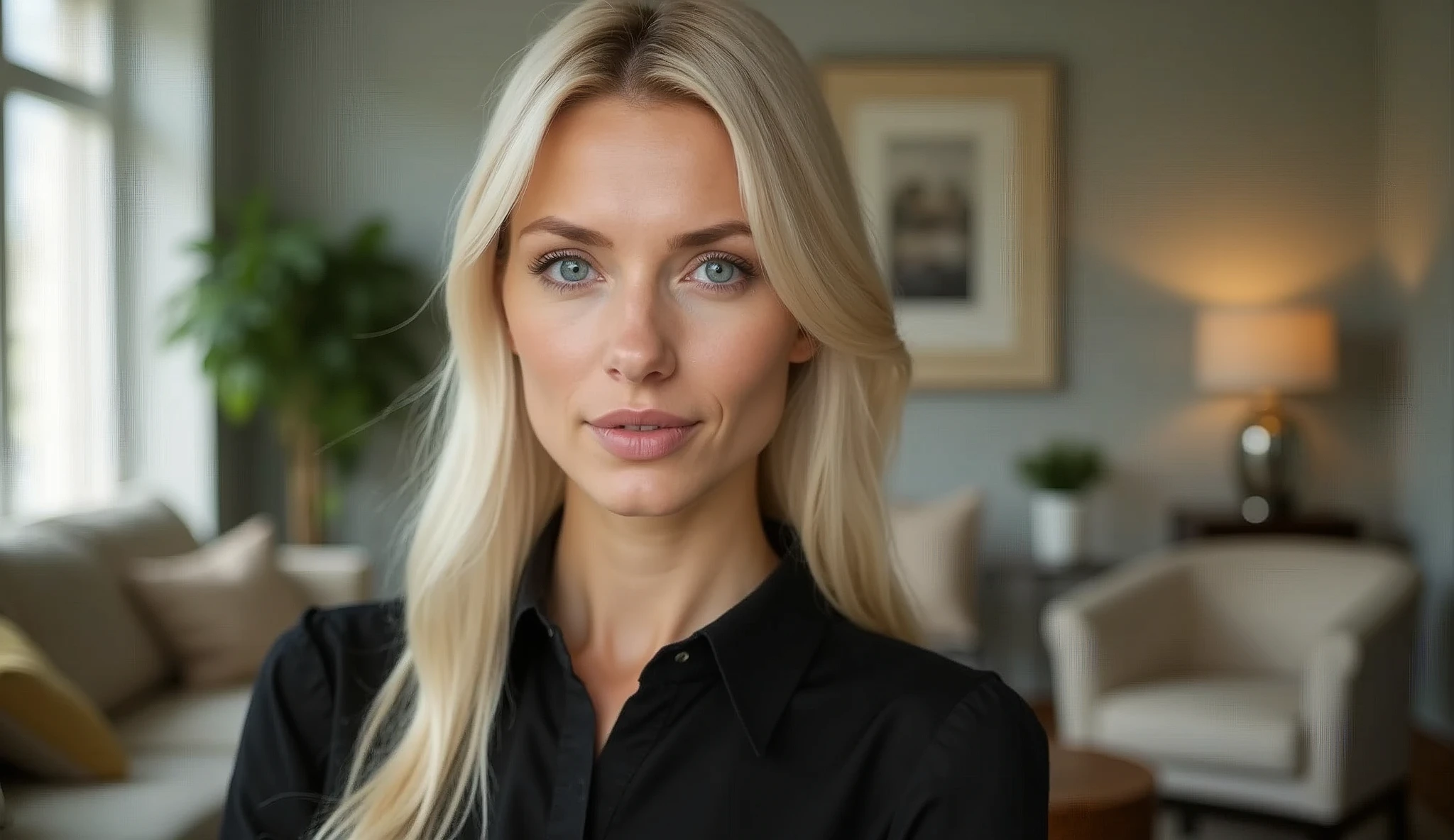 Real professional photography of a beautiful young adult woman, aged 35, with herself as the main subject. She should have fair, almost pale skin with a slight blush on her cheeks, long, straight platinum blonde hair and bright, expressive blue eyes that convey friendliness. Her lips should be pink and slightly defined. The woman should be looking directly at the camera, with a serious and thoughtful expression. She is wearing a black blouse, made of fine, elegant fabric, which contrasts with her hair and fair skin. The lighting should be natural, soft and external from the side, evenly illuminating the woman's face and creating subtle shadows, detailing the angles of the woman's face. The background should be blurred to suggest the living room of a house, adding depth to the image. Items such as a sofa, armchair, paintings on the wall, a potted plant, a lamp lit in a bokeh effect and whatever else makes up the living room of a house should be present, but blurred so as not to distract the woman's attention. Use a warm, natural color palette. The photograph should capture extreme detail, with a high-quality rendering in 8k, with professional photographic quality. The image must be high resolution with attention to detail and realism.
