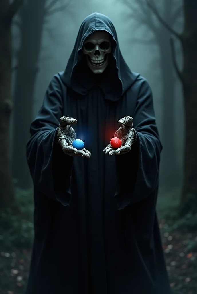 dark reaper with one small blue pill in his left hand, and a small red pill one in his right hand, on a dark and scared background, now make more darkness, more, dakness pls, small pills, more darkness, perfect, but reduce the quanty of pills in his hands, horror background 