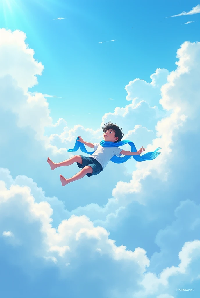 a boy sitting on clouds in the air wearing a blue scarf blue theme in anime STYLE