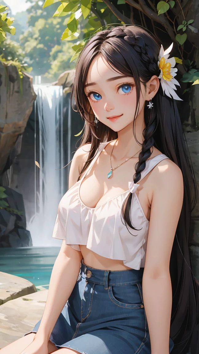 ( 1 girl), smile、Look into the camera、diamond necklace、braided hair, Wear a jeans skirt.,Random color tank top:1.2. Revealing the upper arm、Extra long twin tail feathers、Flower Hair Ornaments、 Masterpiece, Highest quality, 8ก, beautiful girl, young face、 photography, Cute face, thigh,(Sitting in a waterfall),、smile、small waist, blue eyes(((The chest is erect...)))(((round chest)))(((big breasts:1.2)))