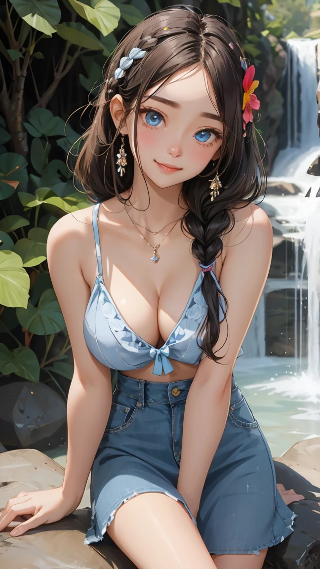 ( 1 girl), smile、Look into the camera、diamond necklace、braided hair, Wear a jeans skirt.,Random color tank top:1.2. Revealing the upper arm、Extra long twin tail feathers、Flower Hair Ornaments、 Masterpiece, Highest quality, 8ก, beautiful girl, young face、 photography, Cute face, thigh,(Sitting in a waterfall),、smile、small waist, blue eyes(((The chest is erect...)))(((round chest)))(((big breasts:1.2)))