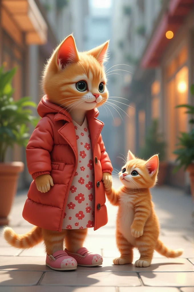 Mother cat and kitten ai generated  she is going mall shopping and seeing clothes but clothes very expensive
