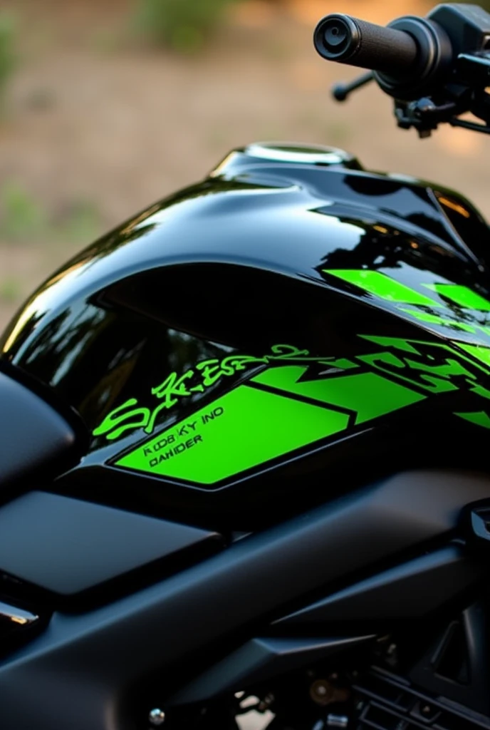 Designs for bright green sticker type for the tank of a black gixxer 150 motorcycle 