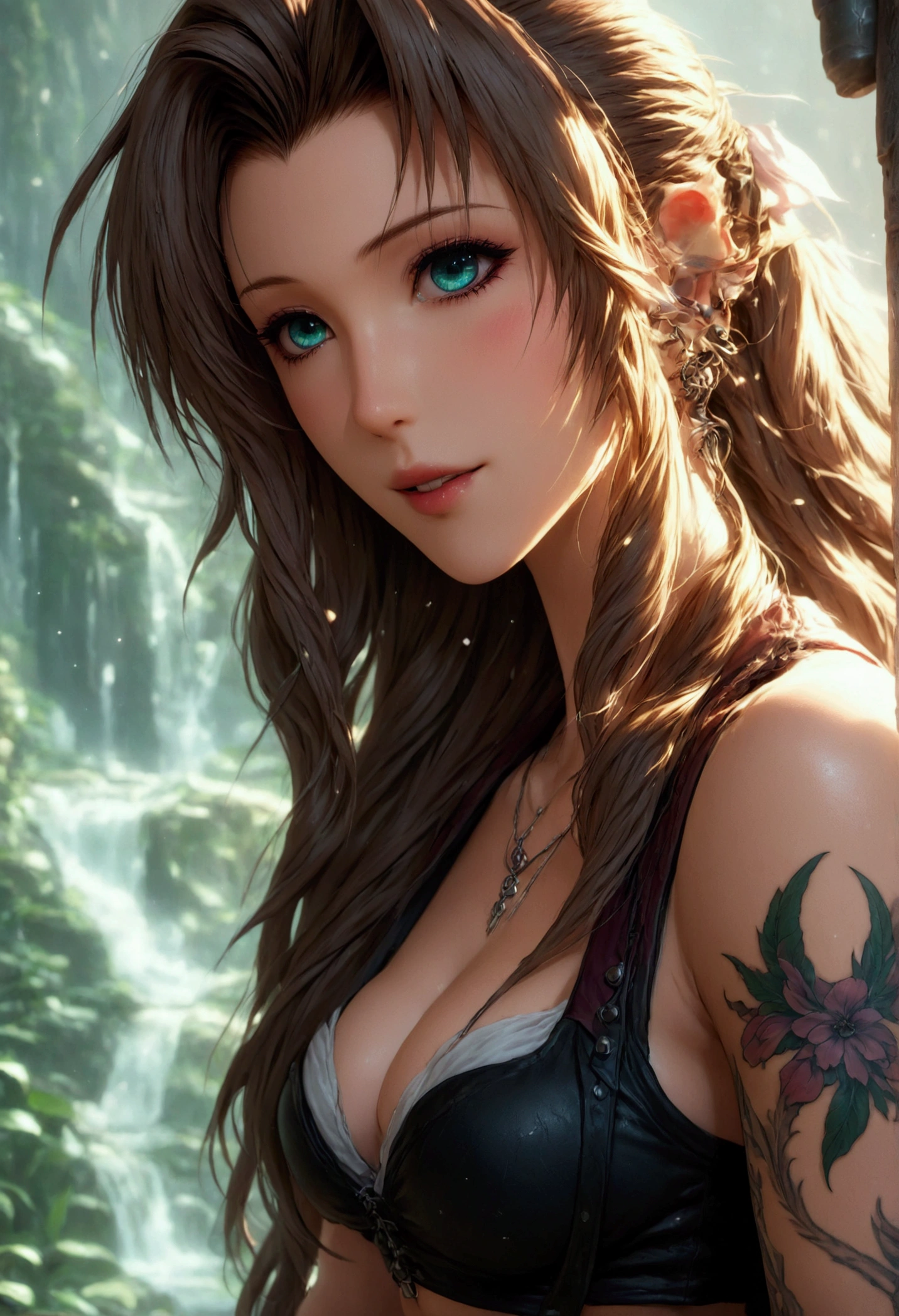 Create a hyper detailed photograph of a tattooed muscular young sexy aerith, Stunningly perfect gorgeous feminine face, perfect vampire teeth, perfect makeup, detailed vibrant eyes, long flowing hair, big beautiful muscular legs, big beautiful muscular arms, perfect hour glass body figure, detailed smooth skin, large breast, perfect round ass, complete full body view,