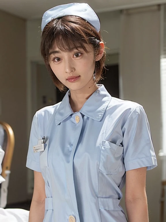 woman, alone, (Wearing white nurse clothes:1.2), (Bobcut), Shortcuts,bangs, Black Hair, nurse, Perfect Anatomy, nurse uniform, (Nurse cap), (White costume), Long skirt, hospital, Face close-up