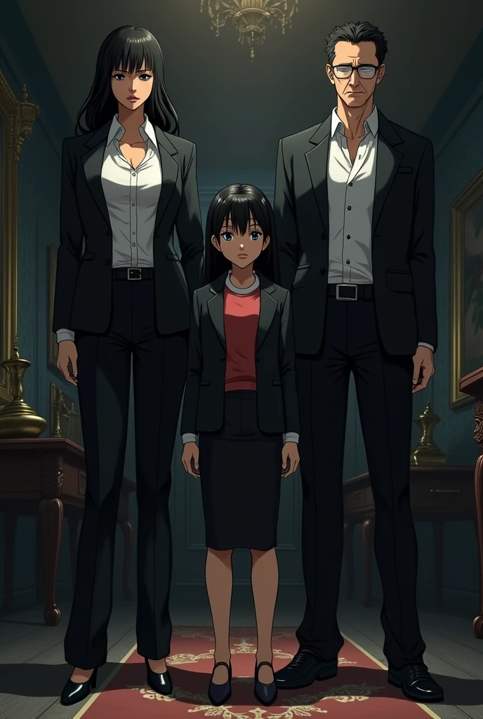 Anime style, mafia, family, mother, father, adult daughter, timid, black hair