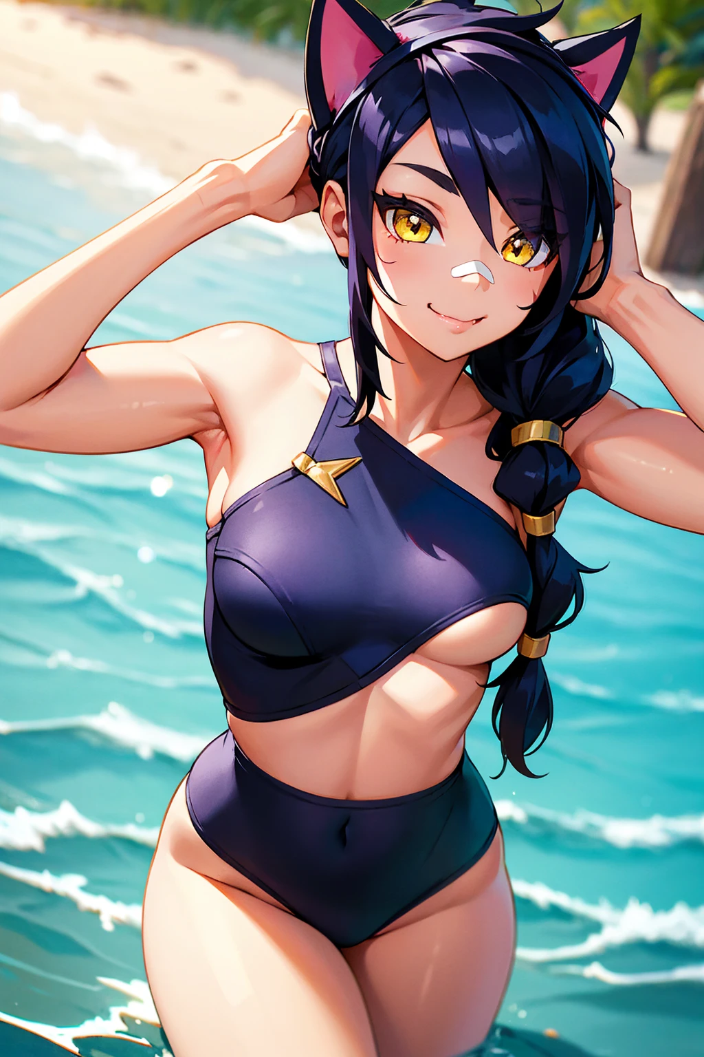 Erisa, 1girl, solo, long hair, looking at viewer, black hair, bandaid on face, yellow eyes, animal ears, smile, bandaid on nose, braid, cat ears, bandaid, bangs, breasts, fake animal ears, simple background, fang, bare shoulders, scar, bare shoulders, closed mouth, hair over one eye, portrait, hair over shoulder, legs, seductive, bathing suit, 2 piece swimsuit, beach, realistic, highly detailed face, detailed eyes, best quality, masterpiece, ultra detail, ultra high res, extreme detail, 8k, uhd, curvy,