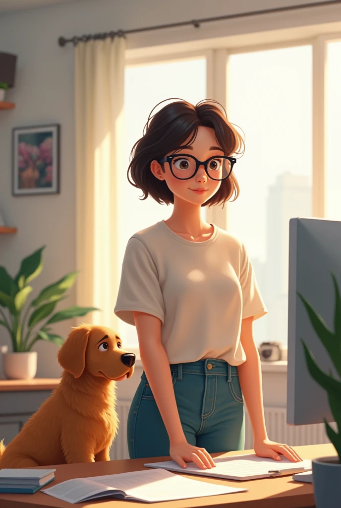 a chubby girl, who has short hair and listens. Wears glasses and is white and works as a Graphic Designer and has her caramel dog
