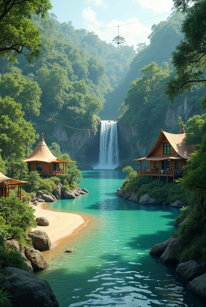 Create an image of a root ecological campsite with zip-lining and ecological tents, with a lake with a waterfall facing the beach