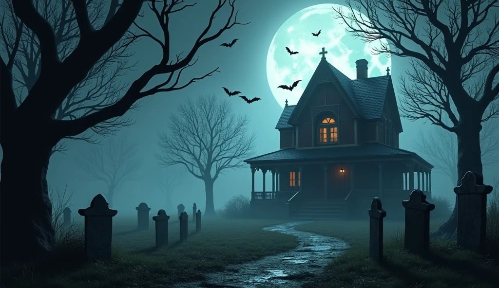 Spooky Halloween background: full moon illuminating a haunted house, bats flying overhead, dark twisted trees and a foggy graveyard, realistic textures and eerie lighting.