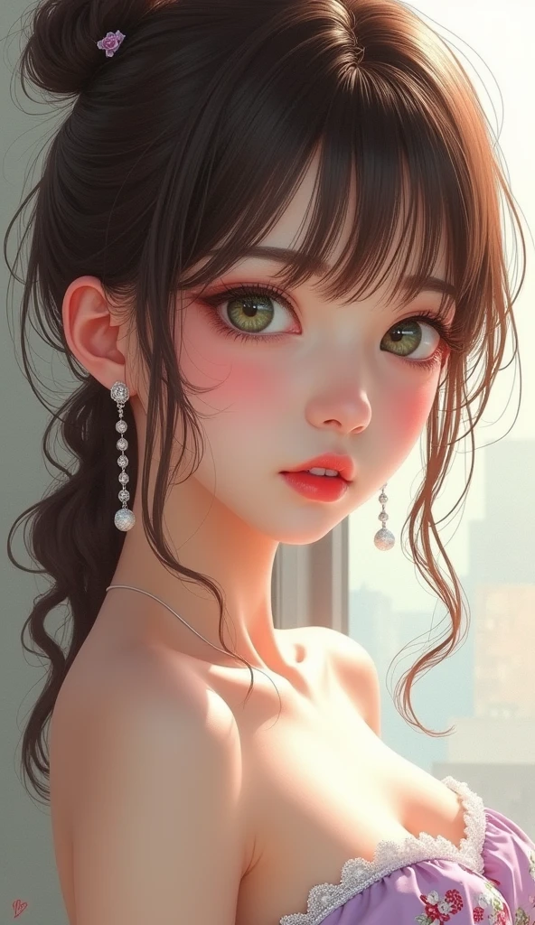 Photorealism 16K Realism, ((超リアルなProfessionalポーションボディ, Anatomically correct:1.3)), (A beautifully drawn face), (明るいgreen白い顔色), break, ((Small round head)), (Very beautiful slim and sharp face), (Best Best Details Real Black_eye:1.28), ((super realistic sharp-eye:1.2)), (tired and sleepy and satisfied:0.0), close up of a woman's eye, perfect round eye, Detailed pupils,break,Detailed lips:1.3,pink_compensate:1.22, (length_green_eyeliner:1.15), red_lipstick:1.21 ,((Perfect darkness_eyehadows:1.3)), (super detailed professional compensate on eye:1.23), (Detailed nose:1.2), (Highest qualityのリアルテクスチャスキン:1.3),(Brown layered wavy hair),Heavy compensate、(18-year-old,Two Women,Japanese):1.2、8k, Captivating smile, expensive:1.4、Small Face、Nikon Z85mm, ((Highest quality)) ,((masterpiece)), Intricate details, Professional, Realistic, Realistic、 ((Strapless, Bareback abdomen))、((Sexy mini skirt)):1.2、 Skirt has lilac floral print: 1.23、(Walk in the park):1.2, Big earrings、(White stretch knee boots with stiletto heels、Pointed Toe):1.2、((Above the knee shot)),