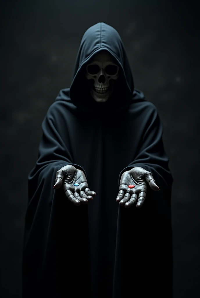 dark reaper with one small blue pill in his left hand, and a small red pill one in his right hand, on a dark and scared background, now make more darkness, more, dakness pls, small pills, more darkness, perfect, but reduce the quanty of pills in his hands, black background